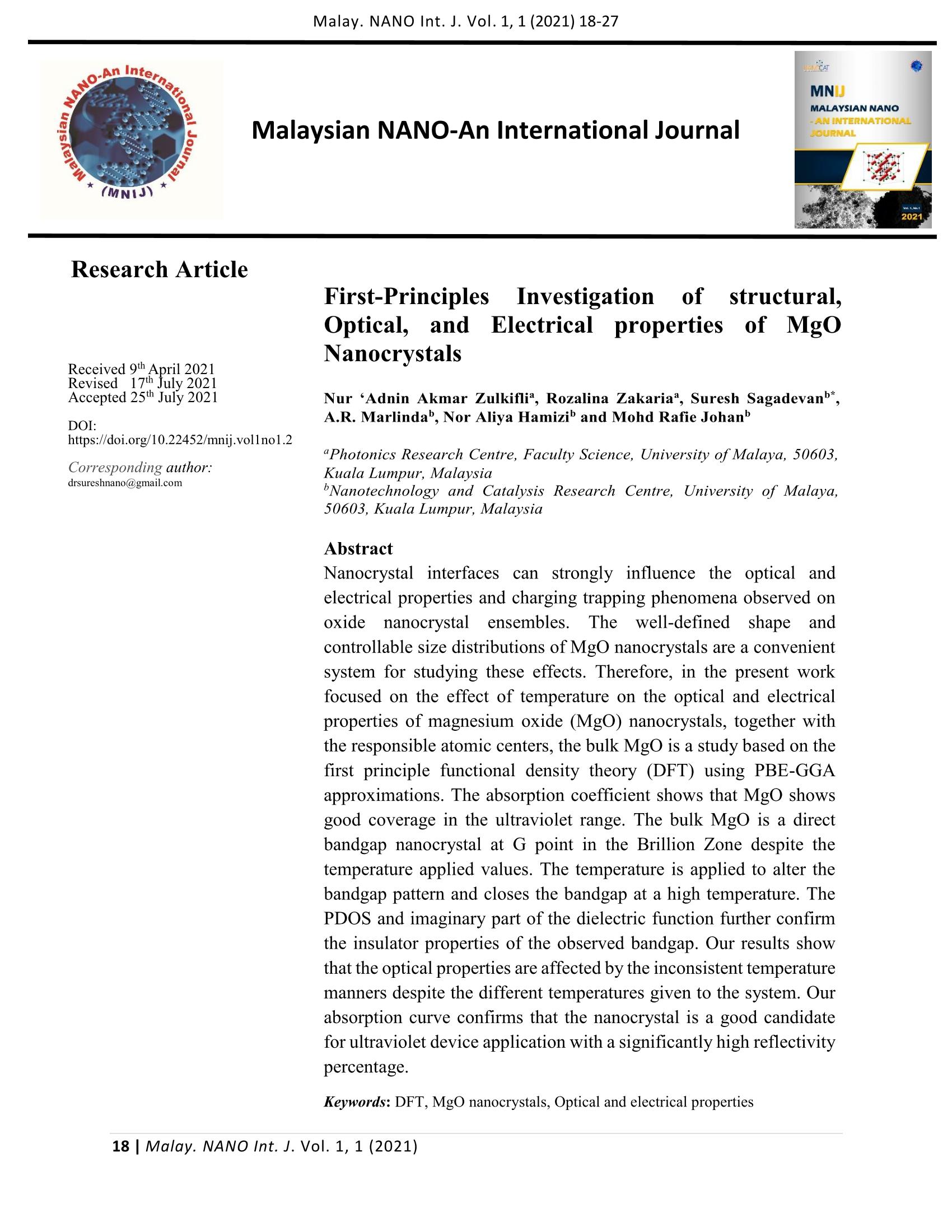 A First-Principles Investigation of structural, Optical, and Electrical properties of MgO Nanocrystals