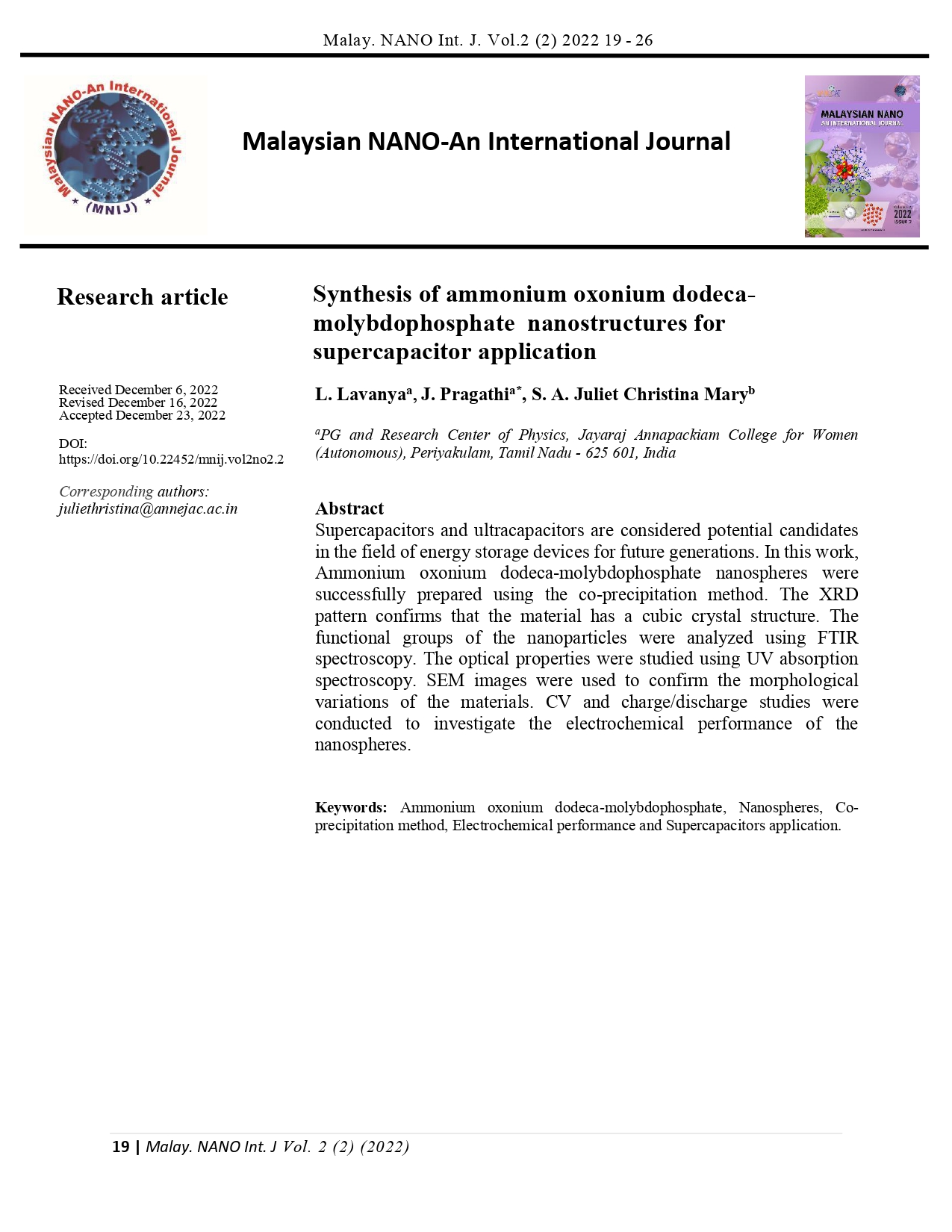 Synthesis of ammonium oxonium dodecamolybdophosphate nanostructures for  supercapacitor application