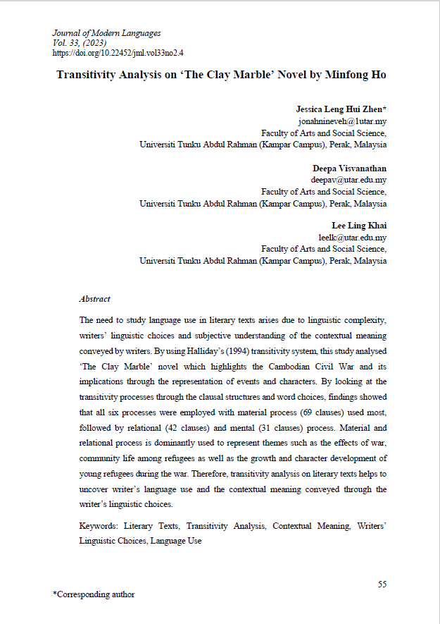 Transitivity Analysis on ‘The Clay Marble’ Novel by Minfong Ho